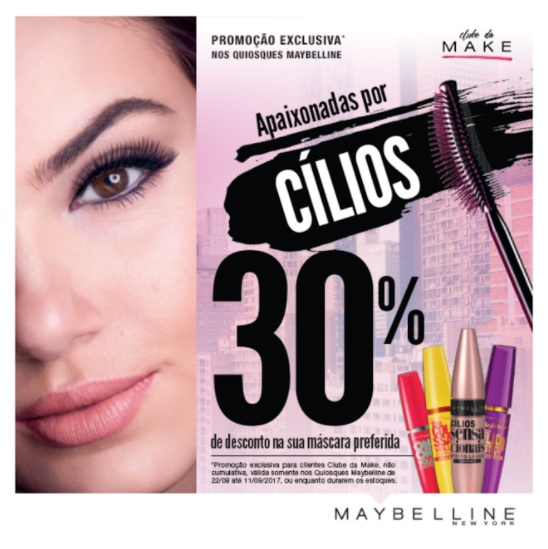 Quiosques Maybelline têm promoção em todas as suas máscaras de cílios