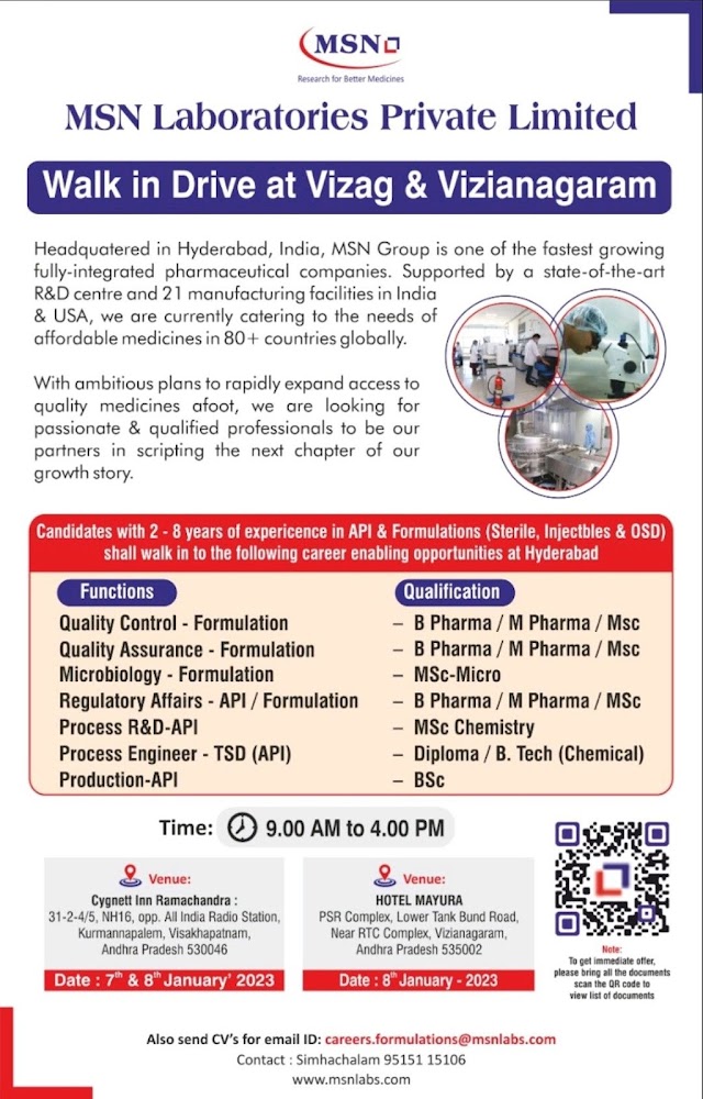 MSN Labs | Walk-in at Vizag (Jan 7th & 8th) & Vizianagaram (Jan 8th 2023) for Prod/QC/QA/RA/TSD/R&D (Sterile, OSD & Oncology)