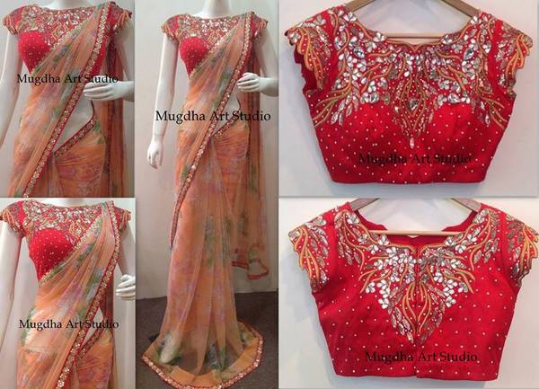 Peach Saree Red Mirror Blouse