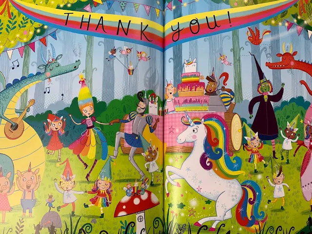 A colourful page showing lots of mythical creatures having a party