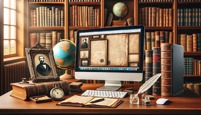 A well-lit study room setting showcasing the essence of genealogical research. In the center, there's a wooden desk holding an old family photograph in a frame, an ancient handwritten letter, and a quill pen, representing primary sources. Adjacent to these items are a few modern books on genealogy and a computer with genealogy software open, signifying secondary sources. The background features a bookshelf filled with history and genealogy books. A globe decorates one side of the desk, emphasizing the global nature of genealogical research.
