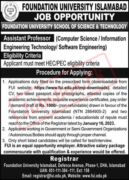 Foundation University Islamabad FUI Jobs 2023 | www.fui.edu.pk