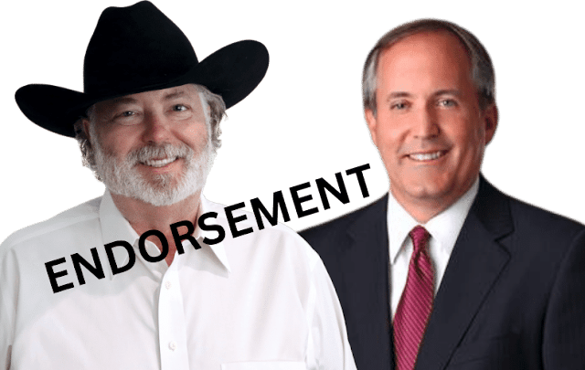 Photo of Dale Huls with cowboy hat and white shirt and photo of Texas Attorney General Ken Paxton in a suit