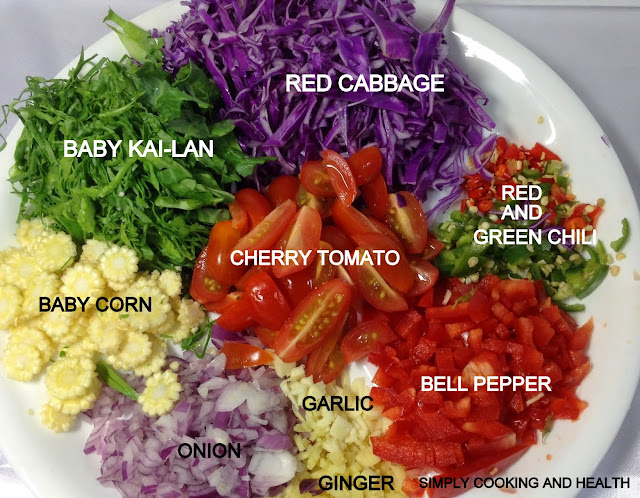 Ingredients for Red ( Purple) Cabbage salad with baby kailan and sweet corn