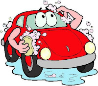 Cute cartoon cars clipart of red buggy washing itself.