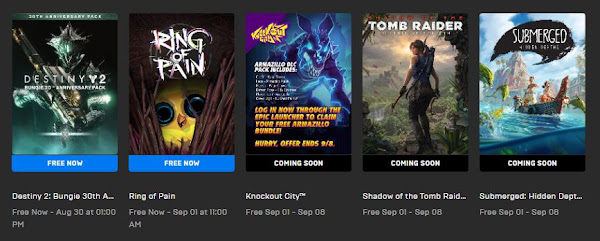 Screenshot of the current and near future free items on Epic Games store
