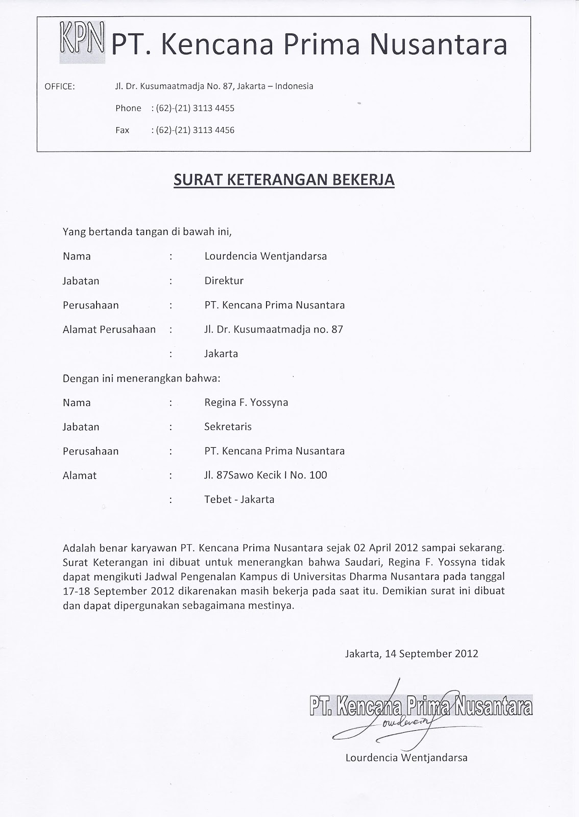 Contoh Surat Keterangan Izin Bekerja - Contoh Surat