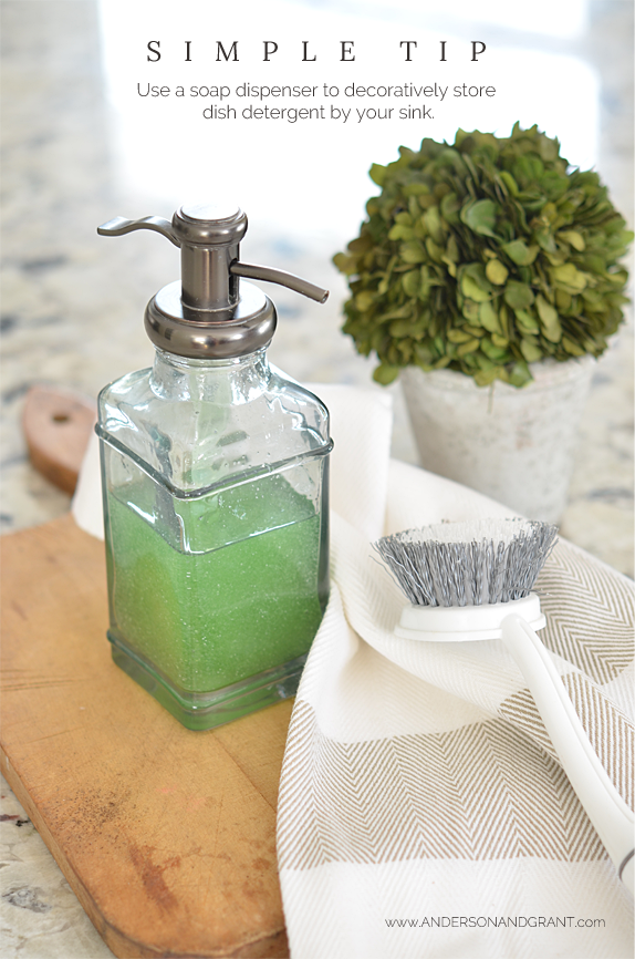 This simple tip is even better than Martha Stewart's for decoratively storing dish detergent by your sink!  | www.andersonandgrant.com