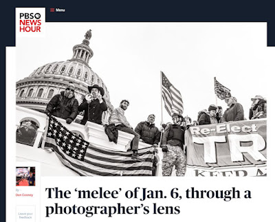 screen shot of PBS News Hour feature artice on Nate Gowdy's "Insurrection" book with image of crowd of rioter on Capitol steps, January 6, 2021