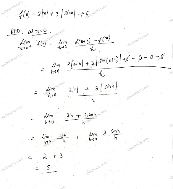 Class 12 | Differentiable | CBSE Question | If f(x) = 2|x| + 3|sinx| +6, then right hand derivative of f(x) at x=0 is