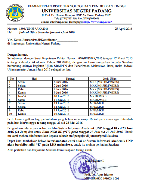 Jadwal UAS UNP Jan-Jun 2016