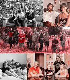 Collage of five group photos of polyamorous households, with men and women of various ages