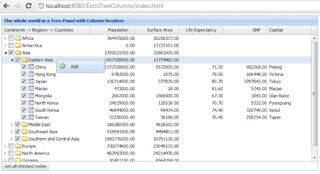 ExtJs 4 Tree Grid with checkboxes and menu options using Java Servlet, JSON and MySQL