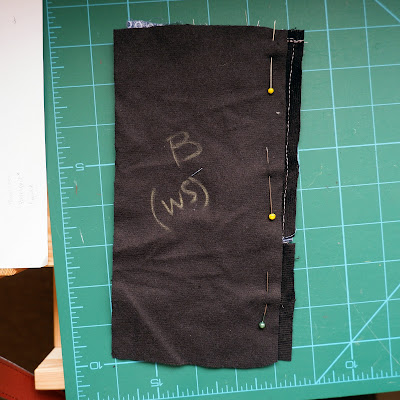 Sew the back trouser to the front trouser, off-setting by 1 cm and sewing 2 cm from the farthest raw edge.