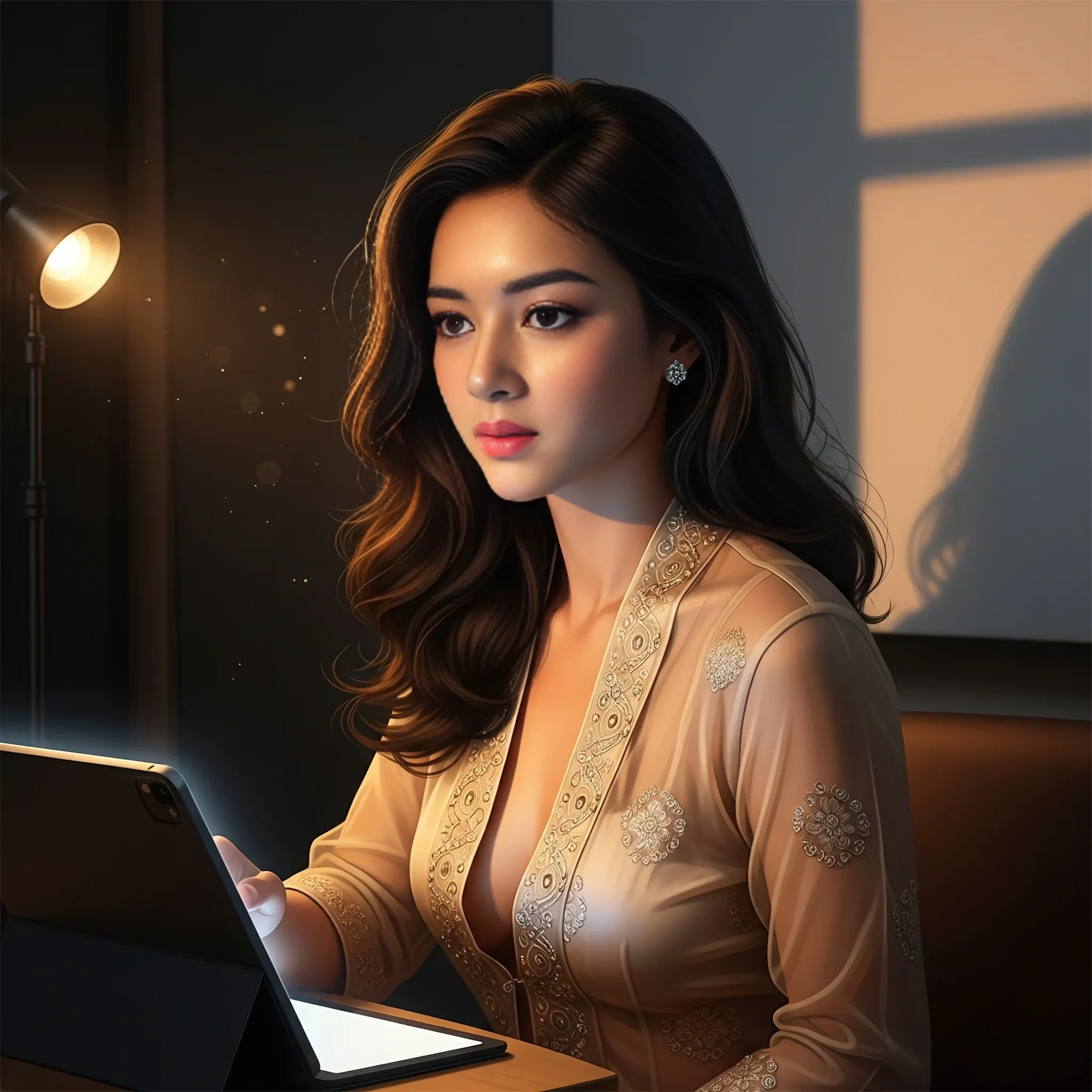 Ilustrasi Cahaya Lembut yang Menggoda Elvina Ilustrasi perempuan dewasa dengan pencahayaan lembut, menunjukkan keindahan dan kehalusan.