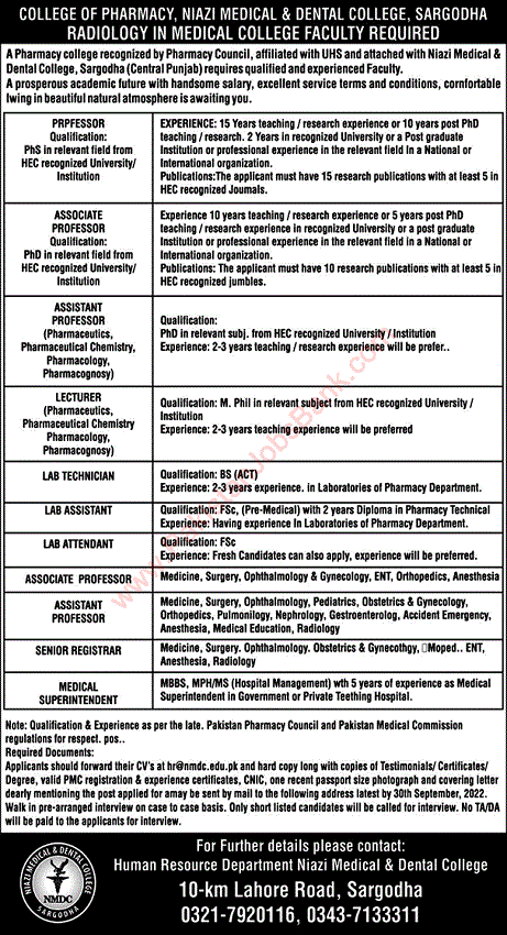 Teaching Faculty Jobs 2022 - Niazi Medical and Dental College Sargodha Jobs September 2022 Online apply - Jobzuking and dreamjobsfun