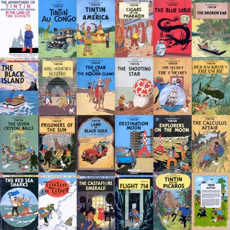 Collage of covers of The Complete Adventures of Tintin