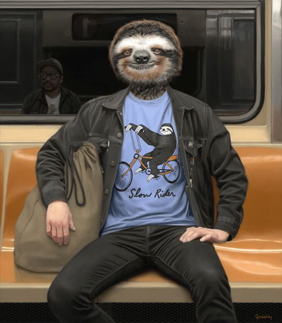 Matthew Grabelsky arte pinturas óleo surreais animais antropomórficos metrô nova york foto realismo