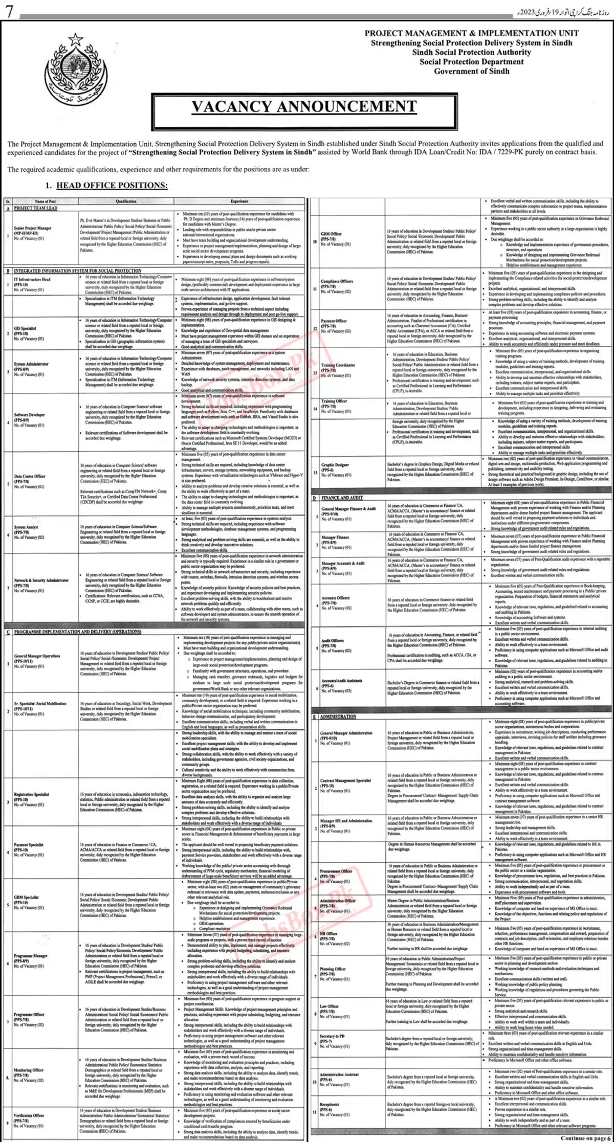 Social Protection Department Sindh Jobs 2023 - Latest Advertisement