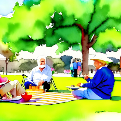A group of smiling elderly adults sitting on a picnic blanket in a park, engaged in conversation and laughter, showcasing the importance of socialization and mental health in aging well