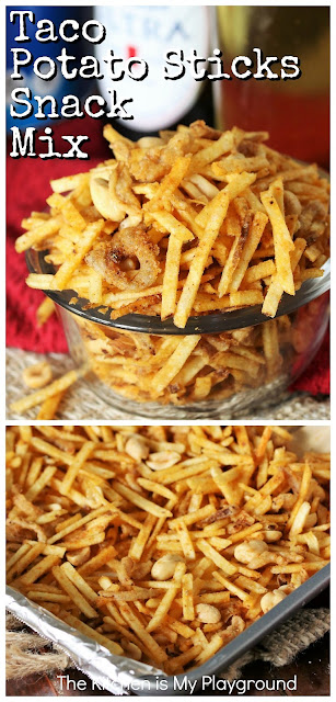 Taco Potato Sticks Snack Mix ~ French fried onions, potato sticks, and peanuts ... oh my!  Bake them up with delicious taco seasoning and you have one tasty taco snacking treat! Perfect for afternoon snacking and game day nibbles. #tacosnackmix #potatosticks  www.thekitchenismyplayground.com