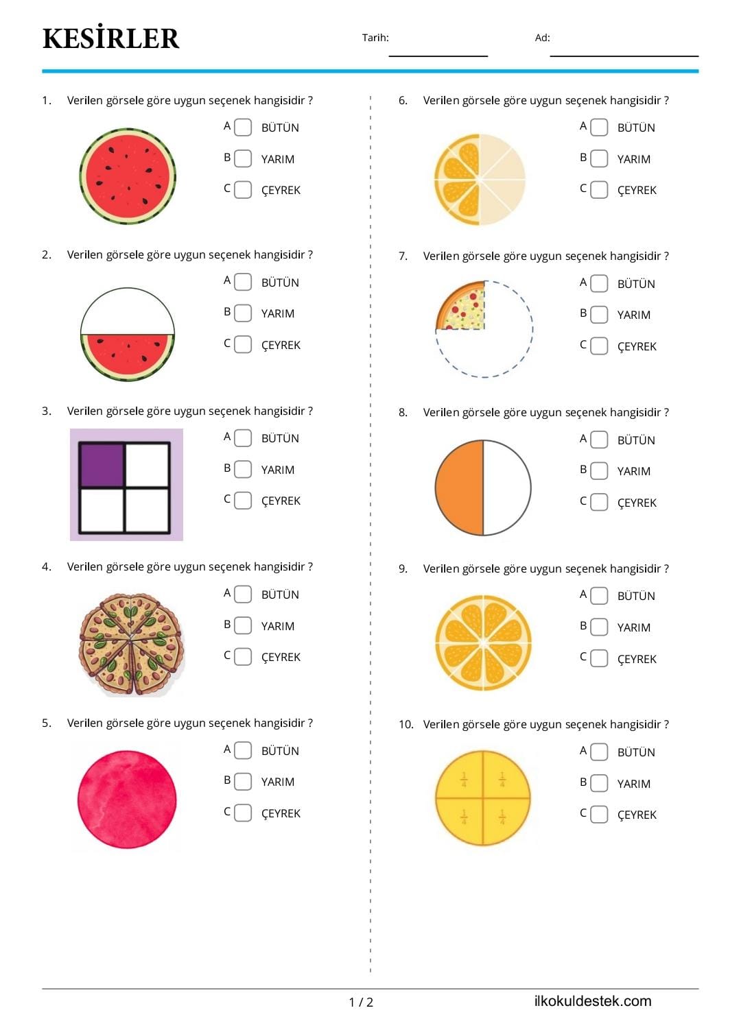 2. Sınıf Matematik Kesirler Etkinlik Kağıdı