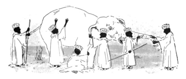 in a line drawing, six dark men in long white garments are inspecting various parts of an elephant: its tail, side, leg, ear, tusk, and trunk