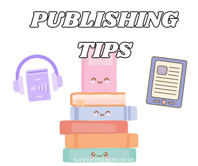 A variety of books (paperback, hardcover), an audiobook, and an ereader stacked together, with text "Publishing Tips" displayed. Explore this page to navigate traditional & indie publishing and bring your book to life.