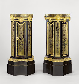 Pair of Pedestals, attributed to André-Charles Boulle, about 1700, Fir, oak and walnut veneered with ebony, dyed fruit wood (probably pear) brass and tortoise shell; gilt bronze mounts