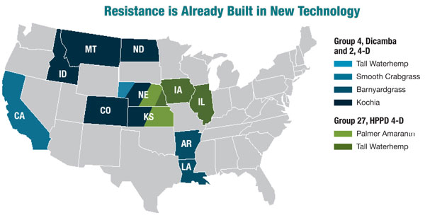 Regions with weed species resistant to dicamba and 2,4 D