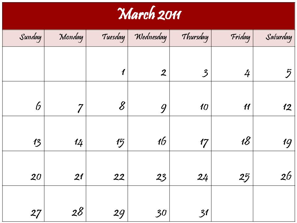 calendar template for march 2011. blank calendar template march