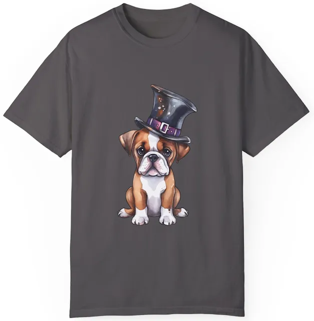 T-Shirt With Graphic of Boxer Dog Wearing a Black Magic Hat