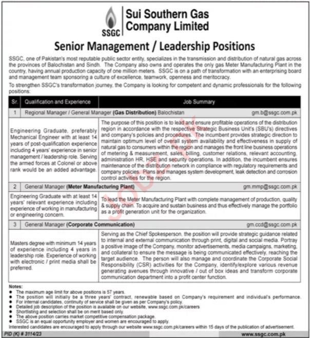 Sui Southern Gas Company Limited SSGC  Management Jobs In Islamabad 2024