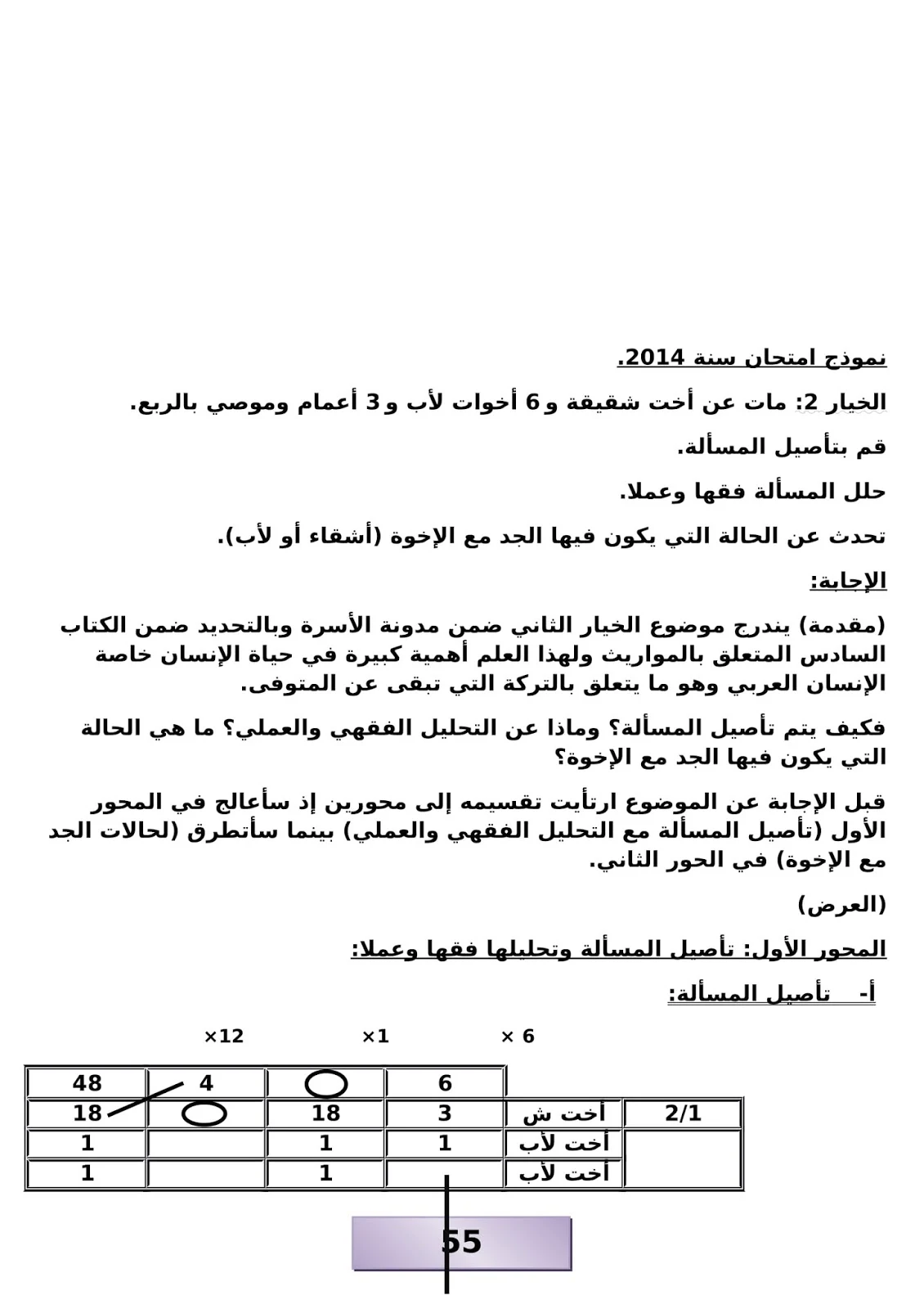 نماذج امتحانات مادة المواريث مع التصحيح