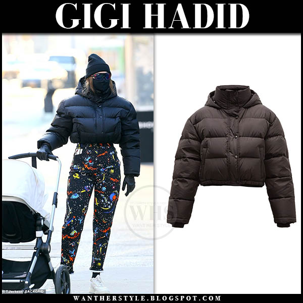 Gigi Hadid in black puffer jacket and printed pants