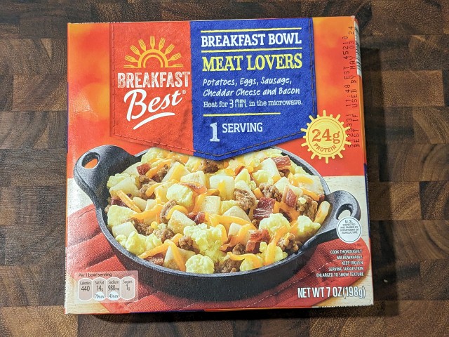 Aldi's Breakfast Best Meat Lovers Breakfast Bowl packaging.