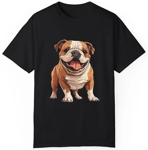 Unisex Garment Dyed Comfort Colors T-Shirt With Cartoon of Golden Brown Body and White Chest Cute Open Mouthed Bulldog