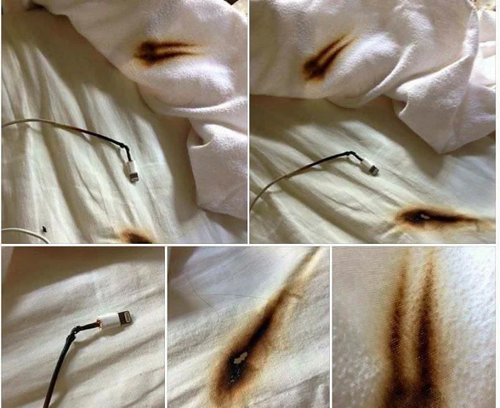 Warning of the dangers of sleeping with a charging device.