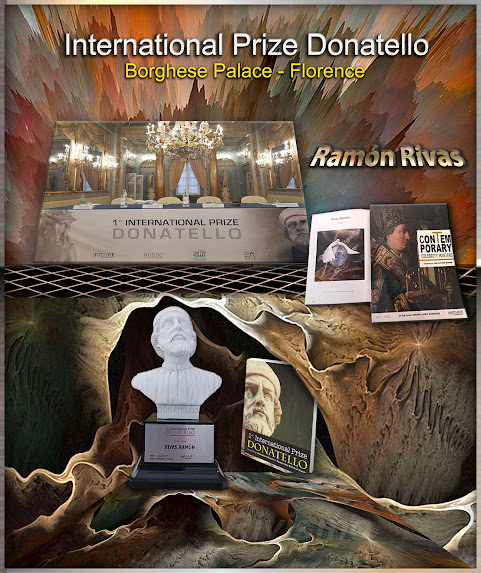 Mesa presidencial de la entrega de Premios en el Palacio Borghese de Florencia. También, aparece la escultura del Premio y las publicaciones con la obra de Ramón Rivas