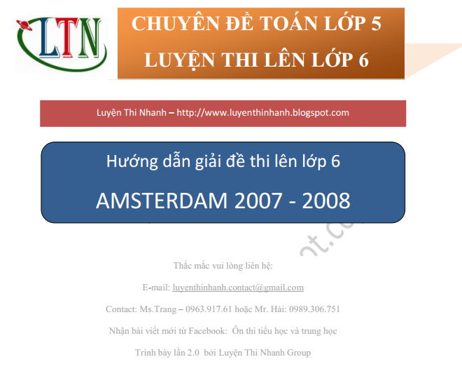 Đáp án đề thi môn toán vào lớp 6 trường Amsterdam 2007 - 2008