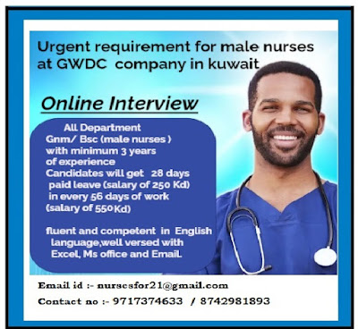 Urgently Required Male Nurses to GWDC Company in Kuwait