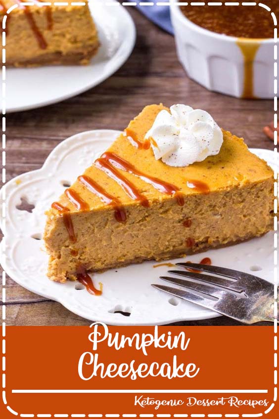 This Pumpkin Cheesecake is the perfect dessert for fall & Thanksgiving. It's smooth and creamy with a delicious pumpkin spice flavor and cinnamon graham cracker crust. Serve it with salted caramel sauce and whipped cream for an extra decadent dessert #pumpkin #thanksgiving #dessert #cheesecake #pumpkincheesecake