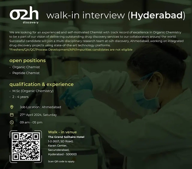 o2h discovery Walk In Interview For Organic Chemist/ Peptide Chemist