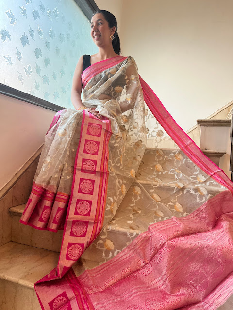 Champagne and hot pink jangla jaal saree