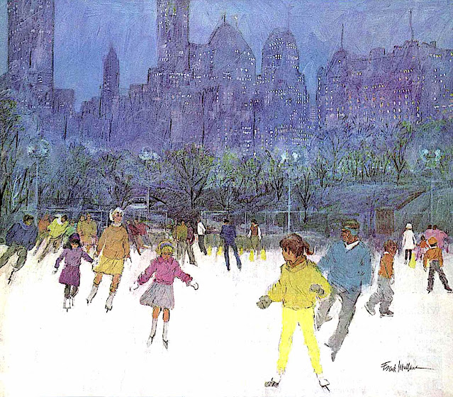 a Frank Mullins 1963 illustration of public skaters in new York City