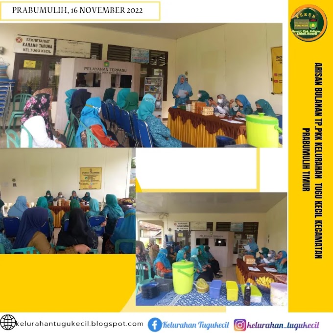Kegiatan Arisan Rutin PKK kelurahan Tugu Kecil Kecamatan Prabumulih Timurdihadiri Langsung oleh Lurah Tugu Kecil, Ketua TP.PKK Kelurahan Tugu Kecil, Ketua Pokja I-IV, Anggota TP.PKK dan Staf Kelurahan.