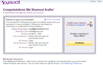 Yahoo mail account details after opening mail account