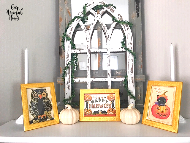 Halloween mantel decor pumpkins cathedral arch