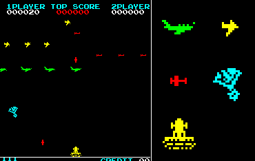 Animation demonstrating the gameplay and graphics of the 1980 arcade game, Sky Chuter.  Sprites for the planes, bombs, and player are also shown.