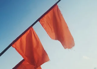 Some tattered and faded red flags waving in the breeze.